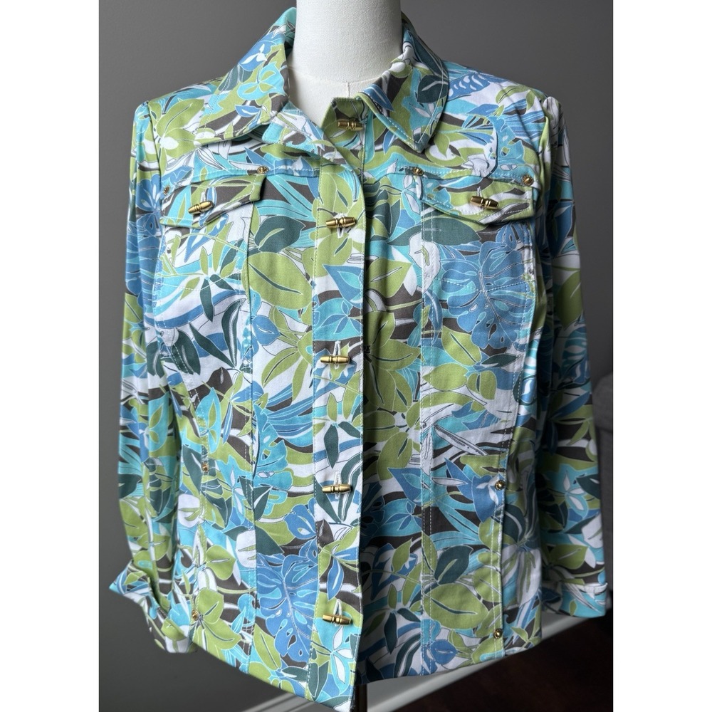 St John Sport Leaf Print Denim Jacket Pant Set Size 16 Vintage